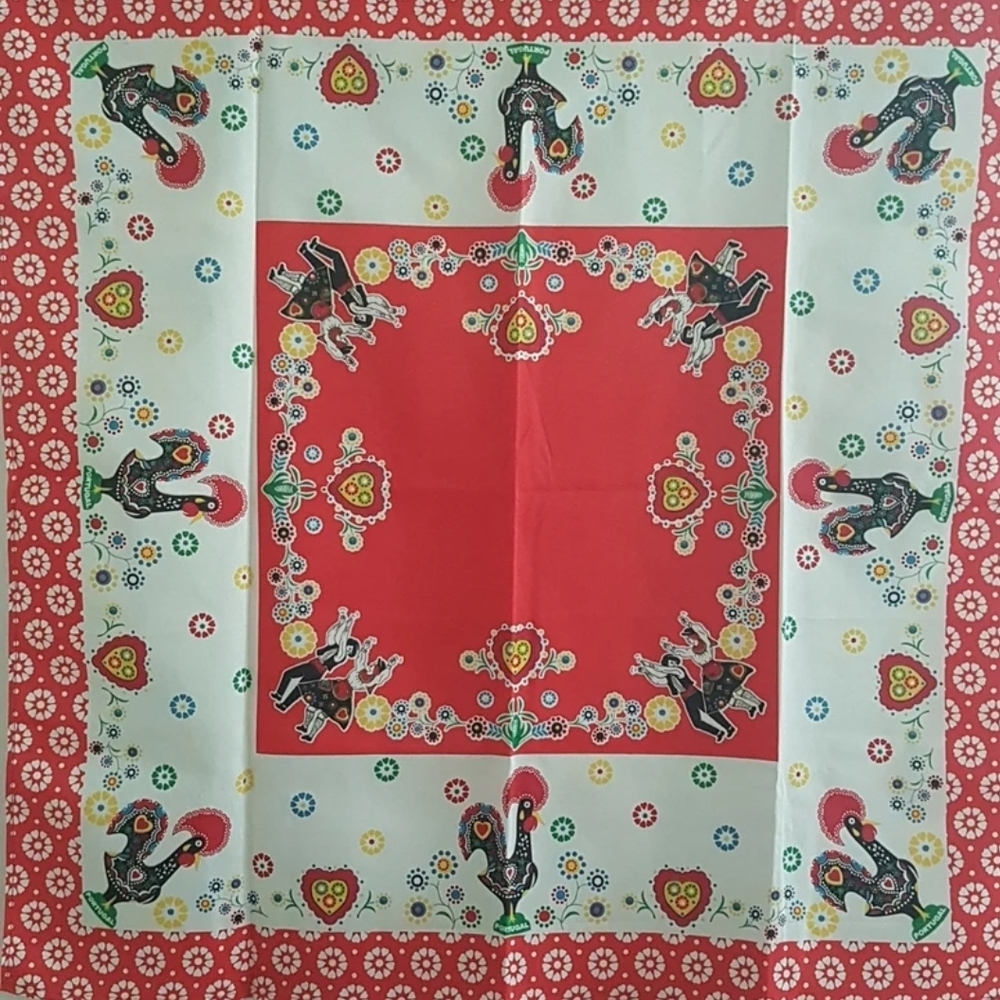 Vintage Portugal Souvenir Printed Tablecloth, 45 inch Square, 100% Cotton